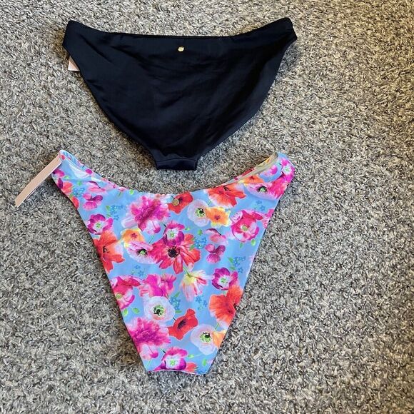 Victorias Secret Swim Bikini Bottoms Lot Of 2 Size Large Black Floral Cheeky New - Picture 2 of 5